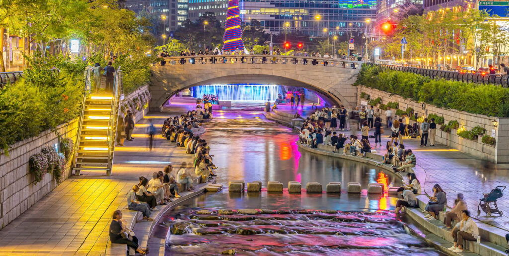 Cheonggyecheon, a modern public recreation space in downtown Seoul, South Korea