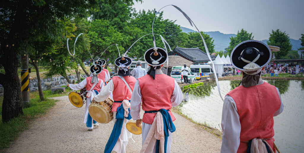 Samulnori band and festival scene at Oeam Folk Village in Asan, South Korea
