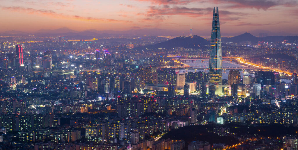 Seoul City skyline, downtown and skyscraper at Night, South Korea