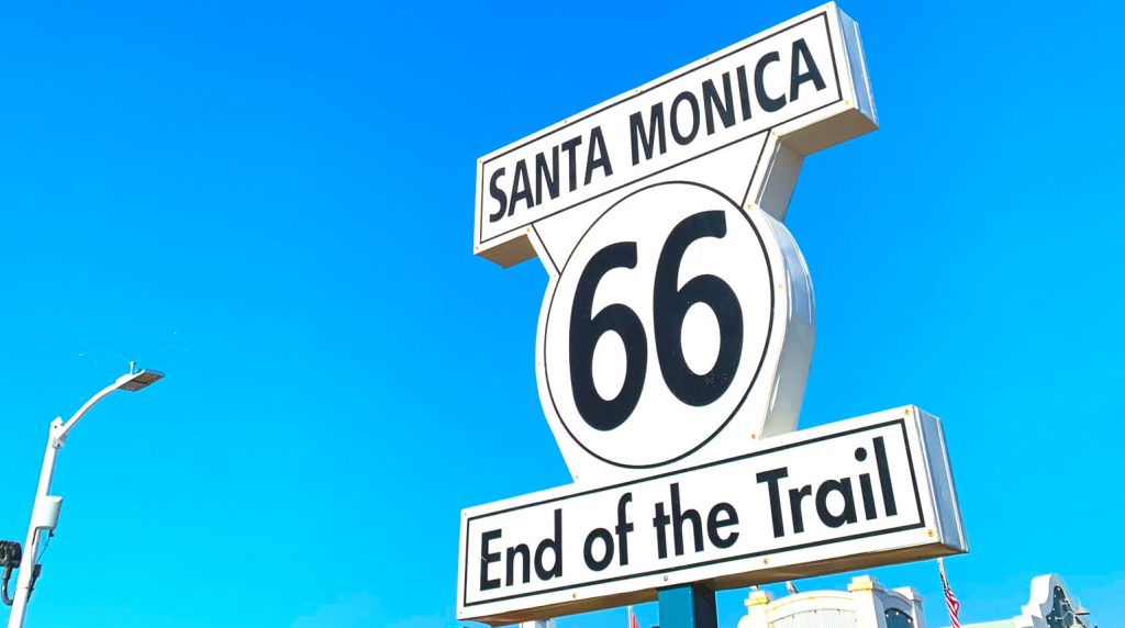 sign marks the end of the historic U.S. Route 66 in Santa Monica - Route 66 Centennial