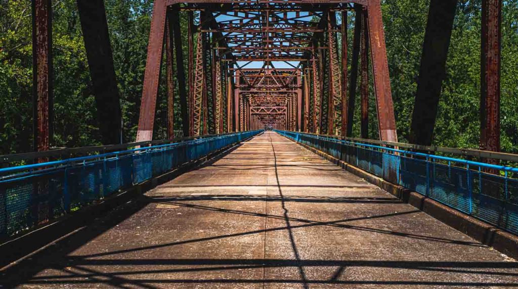 view of the deck of Chain of Rocks Bridge, former Route 66 crossing of the Mississippi River at Saint Louis