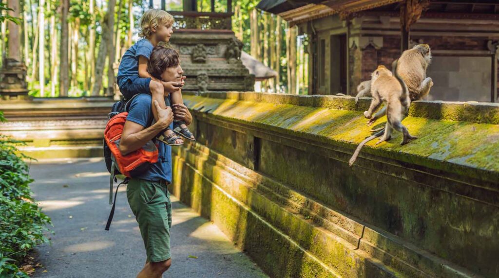 The image shows a father carrying his young son on his shoulders as they watch long-tailed macaques along a stone wall at the Sacred Monkey Forest Sanctuary